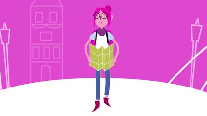 Animation of the cartoon smiling girl tourist, walking around new city with map in her hands on a pink background. Tourism concept.