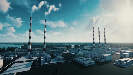 Aerial view of the cartoon factory buildings, river and forest against blue and cloudy sky in sunny day. Industry and production.