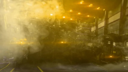 Animation of the industrial accident inside of the factory, smoke blowing working space and flashing of the emergency lights. Factory accident.