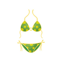 Flat vector icon of green two-piece swimsuit with yellow floral pattern. Trendy bikini. Women clothing for swimming