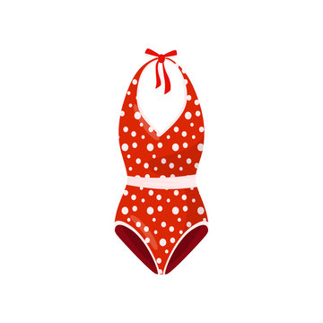 Bright red one-piece swimsuit with polka-dot pattern. Trendy bathing suit. Women garment for swimming. Flat vector icon
