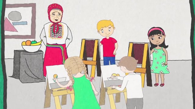 Animation of the cartoon children in a drawing class painting a still-life. Art concept.