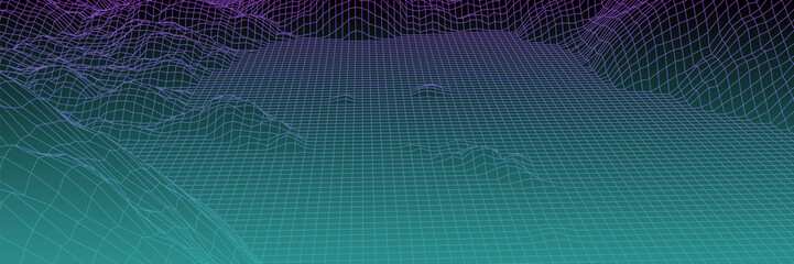 Digital landscape with mountains or hills made of line grid