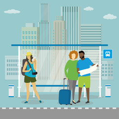 Modern public transport stop and different people travellers