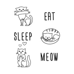 Funny card with doodle cats and phrase- eat,sleep and meow