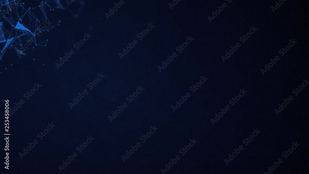 Poster abstract animation of awesome geometric shapes with moving lines, dots and triangles on a blue dark 