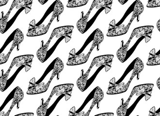 High heel shoes hand drawn with flower details, seamless repeating pattern. Cinderella fantasy print texture. Fabric design. Princess design wallpaper, backdrop. 