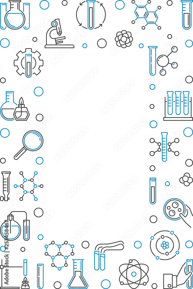 Wall mural vertical frame with chemistry outline icons. vector modern illustration. chemical background in thin