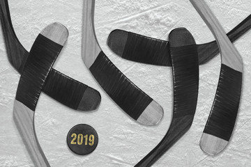 Puck and hockey sticks on the ice