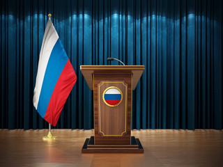 Press conference with flags of Russia and lectern against the blue curtain. 3D illustration