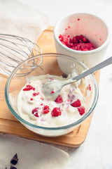 Ingredients for baking muffins on the kitchen table. Selective focus.