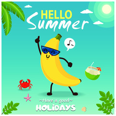Vintage summer poster design with vector banana characters.