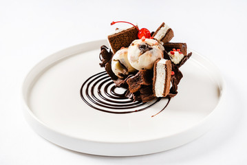 creative dessert with ice cream and brownie