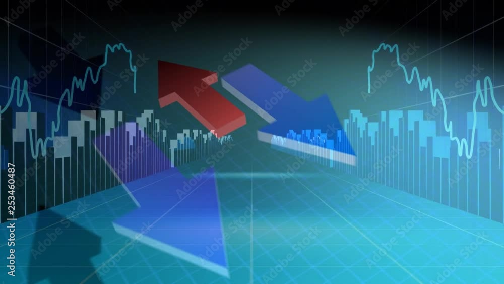 Poster arrows moving in opposite directions against a digital background with graphs