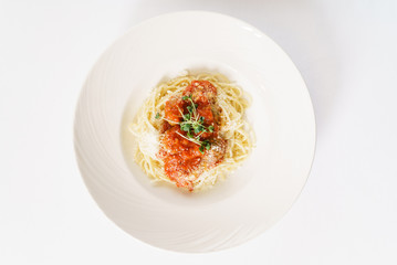 spaghetti with meatballs, top view