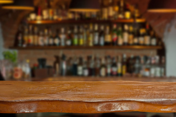 Mockup. Blurred bar in the background. A wooden board in the foreground.