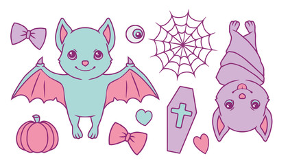Cute cartoon vector collection set with pastel colored Halloween bats, spiderweb, pumpkin, coffin, hearts, eyeball and ribbon 