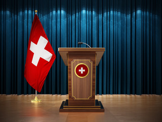 Press conference with flags of Switzerland and lectern against the blue curtain. 3D illustration