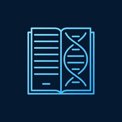 Fototapeta premium Book with DNA vector Genetics outline blue icon or symbol on dark background
