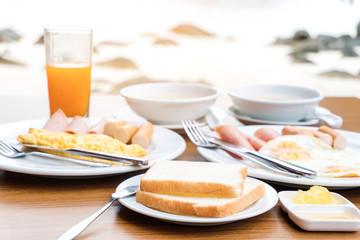Enjoying Breakfast near tropical sea summer concept
