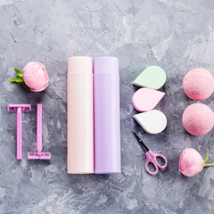 Personal care products, lingerie and cosmetics flat lay. Woman beauty treatment concept, top view