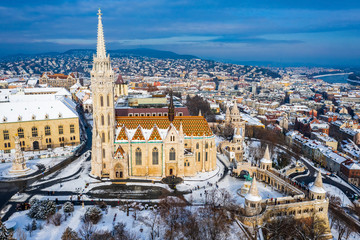 Budapest, Hungary - Snowy Fisherman's Bastion (Halaszbastya) and Matthias Church taken from above...