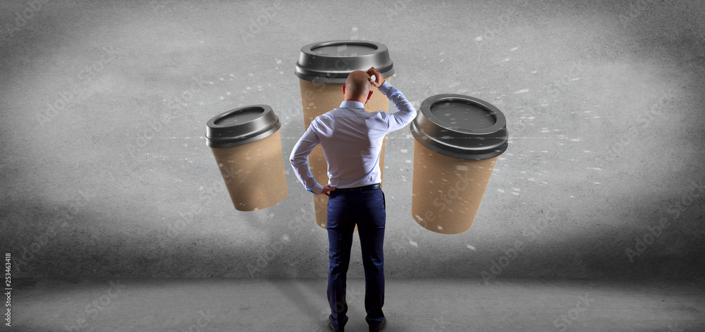 Poster businessman in front of a group of cardbox coffee cup with connection 3d rendering