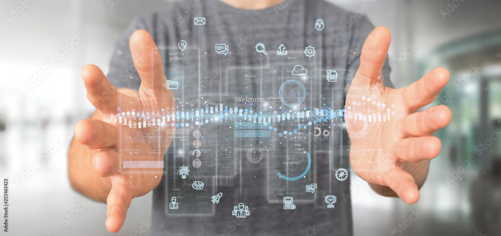 Poster businessman holding user interface screens with icon, stats and data 3d rendering