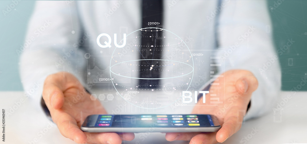 Poster businessman holding quantum computing concept with qubit icon 3d rendering