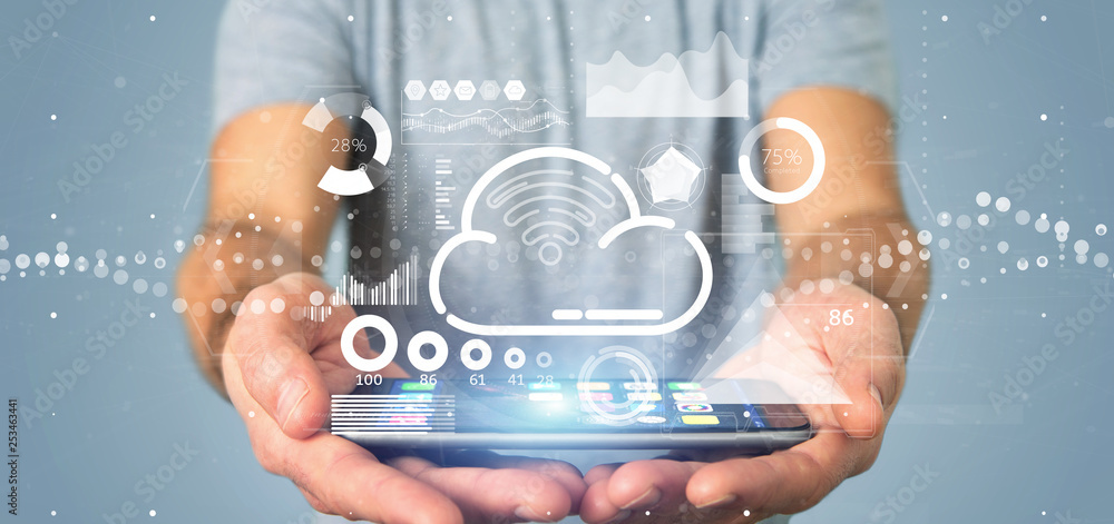 Poster businessman holding cloud and wifi concept with icon, stats and data 3d rendering