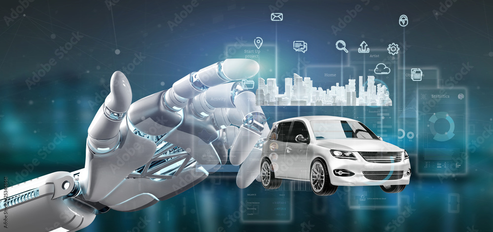 Poster cyborg hand holding dashboard smartcar interface with multimedia icon and city map on a background 3