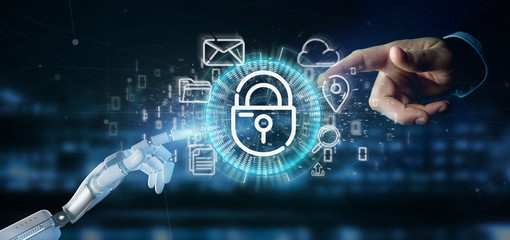 Cyborg holding a Security padlock wheel icon with multimedia and social media icon 3d rendering