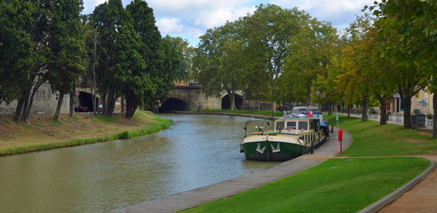 Barge on the Canal du Midi at Carcassonne Languedoc Roussillon France. 