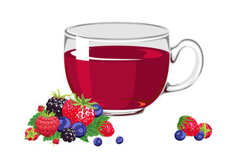 Tea with wild berries in a glass cup isolated on white background. Vector illustration of hot drink in cartoon flat style. Blueberry, raspberry, strawberry, blackberry.