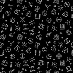 Vector Chemistry and Science outline seamless pattern with dark background