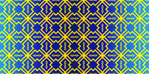 Seamless Geometrical Linear Texture. Original Geometrical Puzzle. Backdrop. Vector Illustration. For Design, Wallpaper, Fashion, Print. Blue yellow color