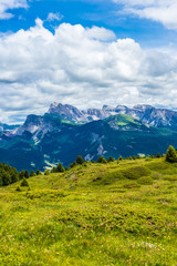 Obraz premium Alpe di Siusi, Seiser Alm with Sassolungo Langkofel Dolomite, a large green field with a mountain in the background