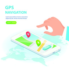 GPS navigation app concept in isometric vector illustration. Smartphone application for global positioning system. Satellite radionavigation or tracking system on mobile device