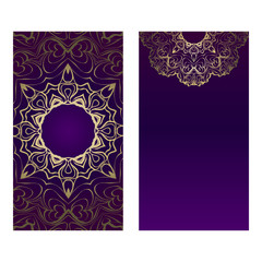 Vintage Cards With Floral Mandala Pattern. Vector Template. The Front And Rear Side. Luxury template. Purple gold color