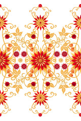 3d rendering. Golden stylized flowers, delicate shiny curls, paisley element, seamless pattern. Oriental style arabesques. Brilliant lace. Openwork weaving delicate, golden background.