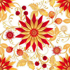 3d rendering. Golden stylized flowers, delicate shiny curls, paisley element, seamless pattern. Oriental style arabesques. Brilliant lace. Openwork weaving delicate, golden background.