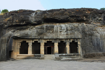 Outside view of Cave 18, Hindu cave, Ellora, Aurangabad, Maharashtra, India.