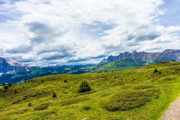 Alpe di Siusi, Seiser Alm with Sassolungo Langkofel Dolomite, a large green field with a mountain in the background