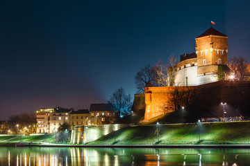 Wawel hill with royal castle at night. Krakow is one of the most famous landmark in Poland