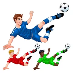 Schilderijen op glas Drie voetballers met verschillende haar-, huids- en kledingkleuren © ddraw
