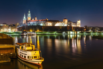 Wawel hill with castle at night, Poland