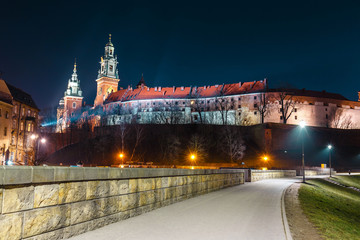 Wawel hill with royal castle at night. Krakow is one of the most famous landmark in Poland