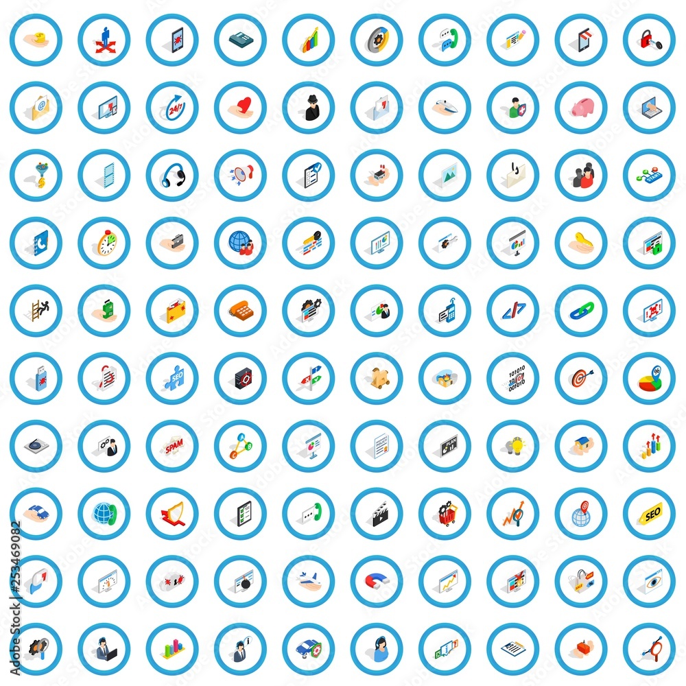 Poster 100 development icons set in isometric 3d style for any design vector illustration