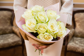 Beautiful wedding bouquet of flowers in bride’s hands