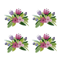 Spring flowers and berries bouquet set pattern. Spring card watercolor illustration